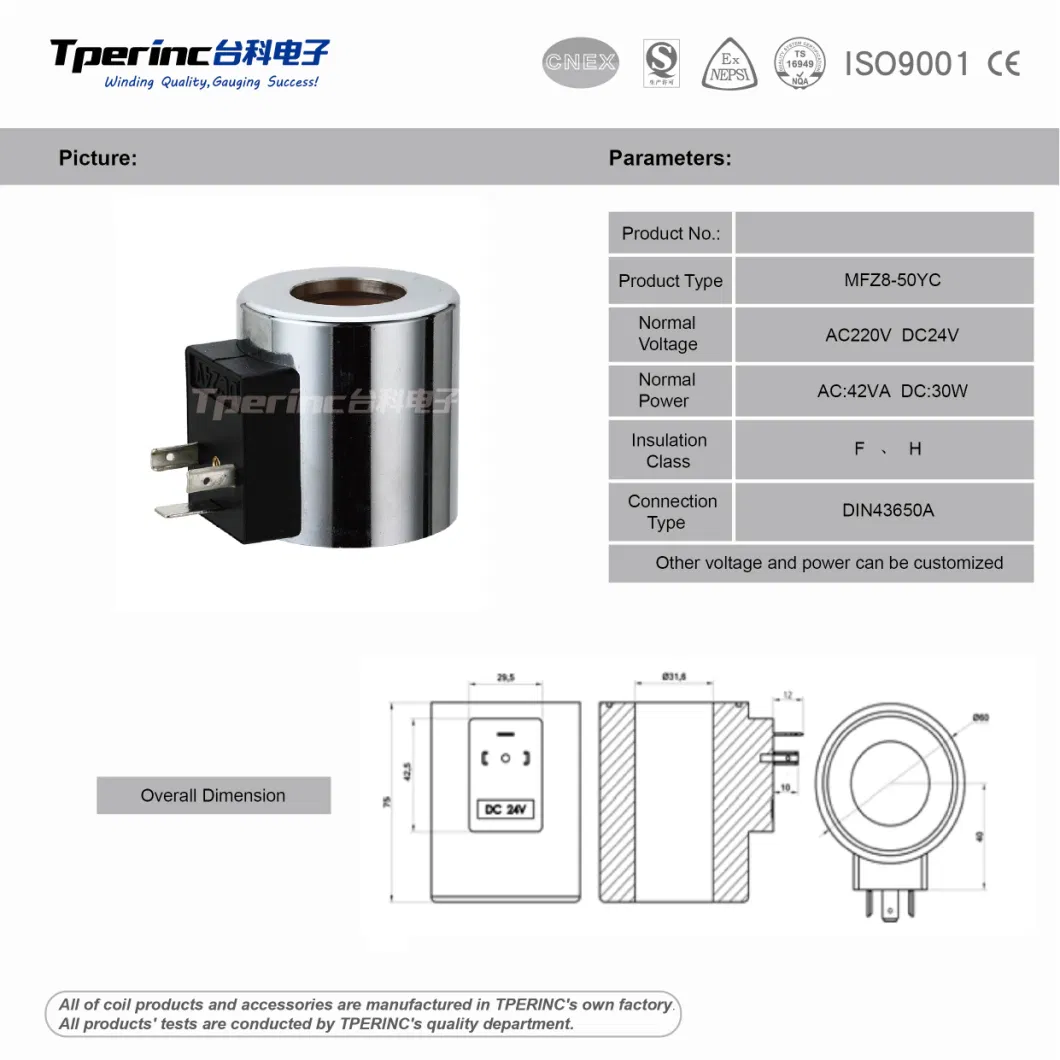 Hydraulic Cartridge 50/120yc AC220V/DC24V Solenoid Valves Coils for Hydraulic Directional Control Solenoid Valve